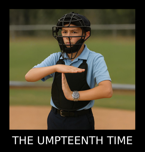 A visual pun: A baseball umpire (often called an 'ump') is very young (a teen), calling a time-out while wearing an expensive watch. Presented on a black mat with a white caption "THE UMPTEENTH TIME".