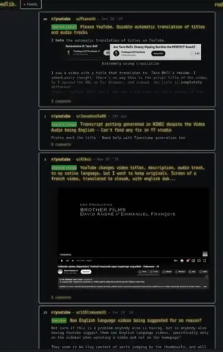 screenshot of Reddit (via redlib.nadeko.net) search of r/YouTube auto translation complaints