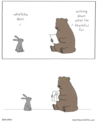Panel 1: Rabbit: "Whacha doin?" Bear: "Writing down what I'm thankful for." Panel 2: Bear shows what he's been writing, which is a drawing of Rabbit.