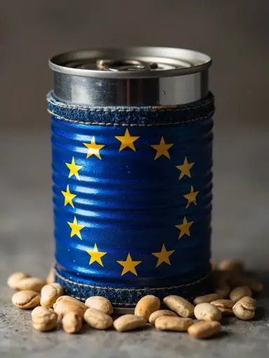 a can of beans featuring the European flag, with a denim texture on the can