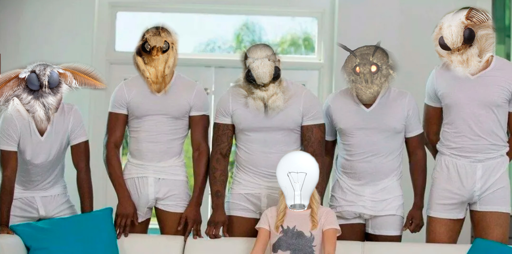 Five moths towering over a lamp in an edited porn screencap